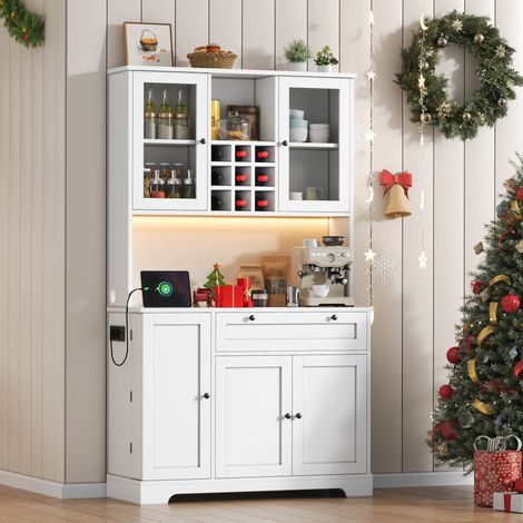 Buffet de cuisine MDF blanc 180 x 105 x 40 cm, 5 portes, 1 tiroir, LED multicolore, prise intégrée, rangements réglables (1/5)