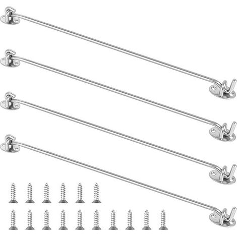 Gancho para puerta, 4 piezas, 40 cm, Gancho de viento, Con 16 tornillos, Cierre de puerta, Cierre de ventana, Acero inoxidable, Plateado (1/5)