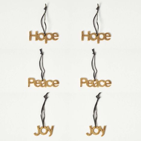 HOMESCAPES Set of 3 Gold Christmas Ornaments Hope Joy Peace - Gold