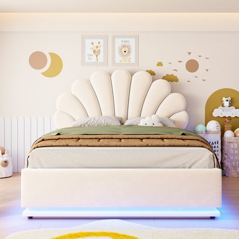 Letto francese contenitore 140x200 cm in velluto, stile scandinavo, testiera a fiore con LED e rete a doghe - Beige (1/5)