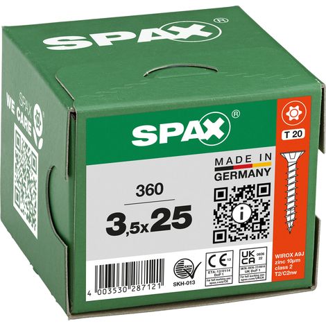 SPAX Vis universelle, 3,5 x 25 mm, 360 pièces, filetage complet, tête fraisée, T-STAR plus T20, 4CUT, WIROX - 8000000287121