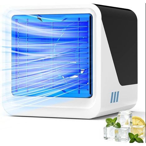 Climatiseur Mobile, 3 en 1 USB Rafraichisseur d'Air Silencieux, Ventilateur avec Eau 500 ml, 3 Vitesses, Lumière 7 Couleurs, Rafraîchisseur d'Air pour Usage Personnel, Chambre, Bureau (1/5)