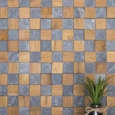 Revestimiento de pared de piedra y teca cuadrada gris 55x20 cm