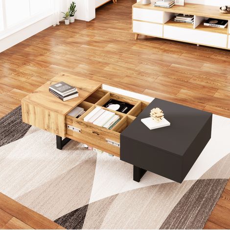 Table basse coulissante en panneaux de particules naturel/anthracite 100-155 cm avec rangement (1/5)