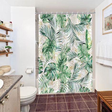 Rideau Douche Anti Moisissure, Rideau de Douche 150x200cm Tropical Vert Jaune Feuilles de Palmier Jungle Rideaux de Baignoire Tissu Lavable Imperméable Rideaux Salle de Bain avec 10 Crochets - 150L X (1/5)