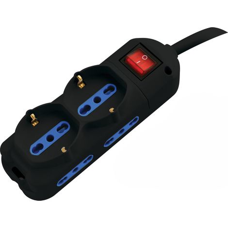 Multiprise 6 Prises: 4 Bipolaires 10/16A, 2 Schuko, Câble 1,5M, Fiche Coudée 90° 16A, Interrupteur Lumineux, Noir. Idéal Maison Et Bureau. (1/3)