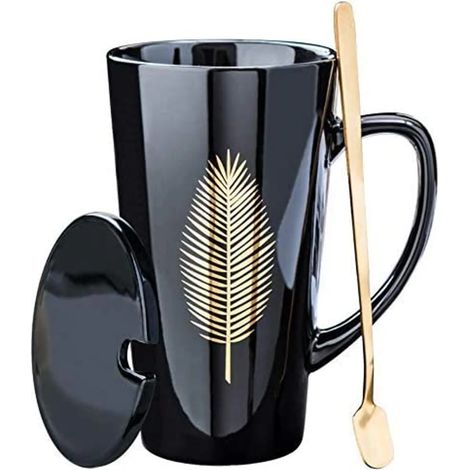 MINKUROW Tazas De Té Grandes De 500 Ml, Elegante Taza De Café Con Tapa Y Cuchara, Taza De Café De Cerámica Para Amigos Y Familiares Como Regalo Sorpresa (1/5)
