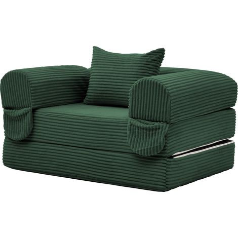 Poltrona letto singola 170x120 cm verde in tessuto a coste con cuscino - CHICFURN (1/5)