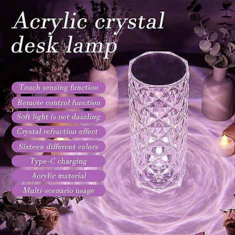 Lámpara de escritorio LED de cristal, luz nocturna regulable con control táctil y remoto de 16 colores, recargable por USB-C, ideal para crear un ambiente acogedor en el dormitorio, la sala de estar o (1/5)