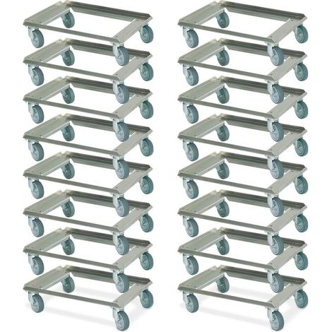 BRB 16 x roller en aluminium pour Euro-Empilable Récipient 600 x 400 mm, charge maximale 250 kg, Pont, ouvert avec roues en caoutchouc gris