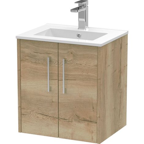 Winshill Contemporary 2 Door Wall Hung Vanity Unit with Minimalist Basin, Light Oak, 500mm (1/4)