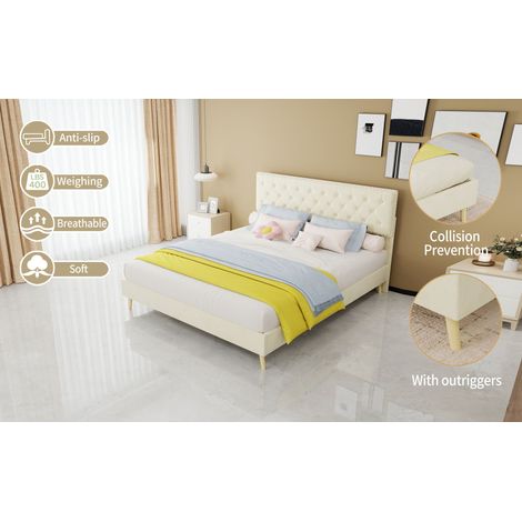 Lit beige 160 x 200 cm avec tête de lit rembourrée et matelas inclus, cadre bas pour chambre et suite parentale (1/5)