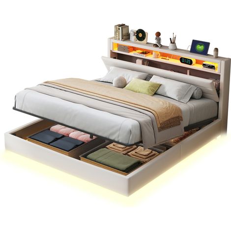 Lit capitonné 160x200 cm avec rangement hydraulique, USB, LED multicolore, tête de lit réversible et structure flottante beige – CHICFURN (1/5)