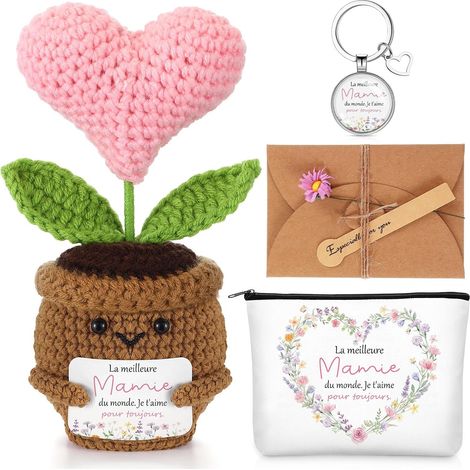 Cadeau Mamie Idée Cadeau pour Grand-Mère Idee Tricotée en Cœur Porte-Clés Trousse de Maquillage Carte de Vœux avec Fleur Séchée pour Anniversaire Nouvel an Fête des Grands-Mères (Mamie) (1/5)