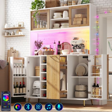 Buffet de cuisinemultifonction 120x40x170 cm avec LED intégrée, range-bouteilles et snack-rack – Meuble de rangement 5 portes, prise électrique intégrée – Buffet pour cuisine, salon ou salle à manger