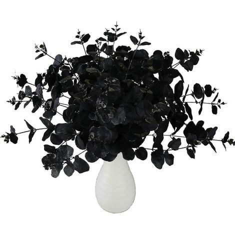 Lot de 2 fleurs artificielles noires, tiges d'eucalyptus artificielles, feuilles d'eucalyptus, vase, décoration florale à faire soi-même (1/5)