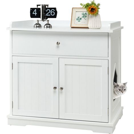 COSTWAY Cat Litter Box Enclosure, Kitty Hidden Washroom Toilet with Drawer, Doors and Hole, Cats Furniture End Table for Living Room Bathroom (1/5)