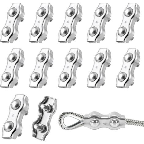 Duplex Clips Serre-Câbles M4 Serre Cable en Acier Inoxydable 304 Clips de Câble Métallique pour Ø 3mm Cable Acier, Clôtures de Jardin, Corde à Linge, Camping 12 Pièce (1/5)