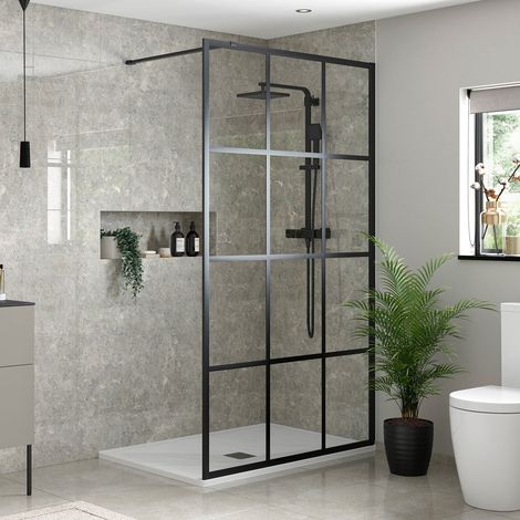 Signature Icon Grid Framed Black Wet Room Screen 760mm Wide - 8mm Glass