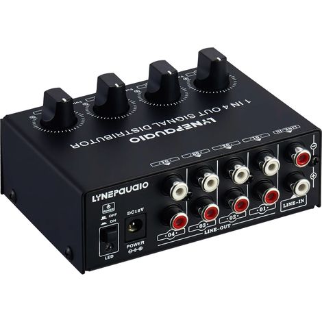 Distributeur de signal stéréo (1 entrée, 4 sorties) / Préamplificateur audio 4 canaux / Volume réglable / Contraste indépendant (1/5)