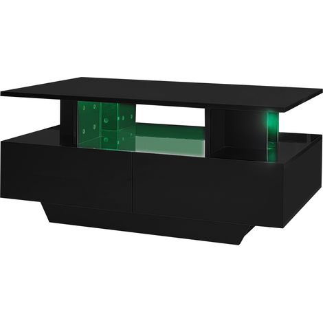 Mesa de centro de alto brillo con LED y 2 cajones 90x55x41 cm negra HOMVRA (1/5)
