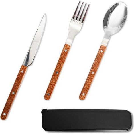 Set Couverts 430 Acier Inox, Couteau Fourchette Cuillère avec Manche Effet Bois Riveté, Set de Couverts Réutilisables pour Repas et Voyage, Boîte de Rangement Noire Incluse (1/5)