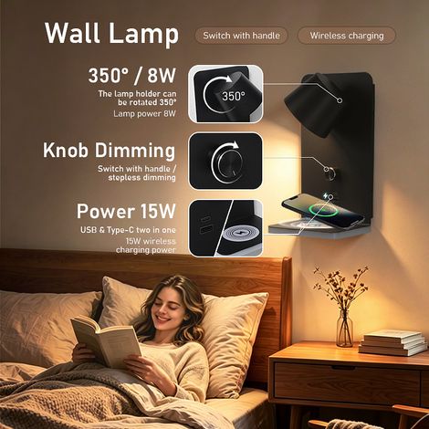 CYUNSHOP Lampe murale LED 8W 3000K – Dimmable sans palier, rechargeable USB, sans fil, design minimaliste pour chambre (noir). (1/5)