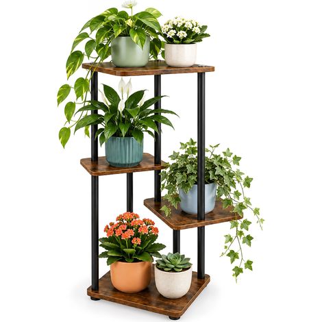 Relaxdays Plant Stand, 4 Square Shelves, H x W x D: 80 x 58.5 x 45 cm, Indoor Plant Shelf, Industrial, Black/Brown (1/5)