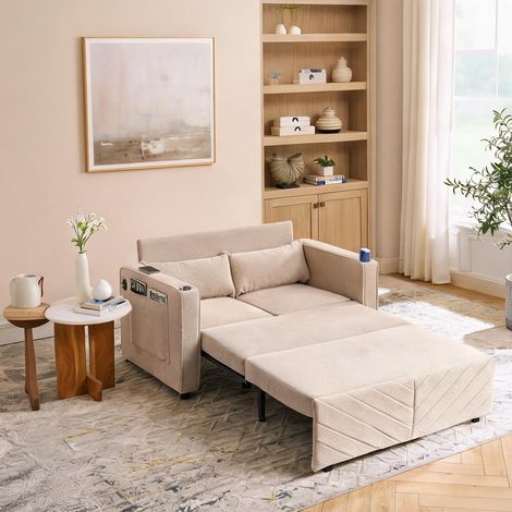 Canapé convertible 3-en-1 en bois et tissu beige avec charge USB (1/5)