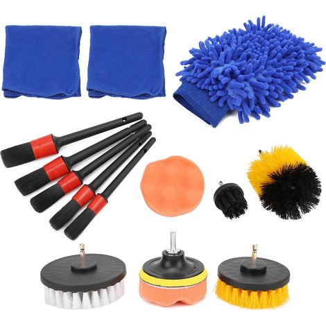 Lot de 15 brosses de detailing auto avec brosse perceuse, chiffon, pad de polissage et gant de lavage pour jantes, tableau de bord et moteur (1/5)