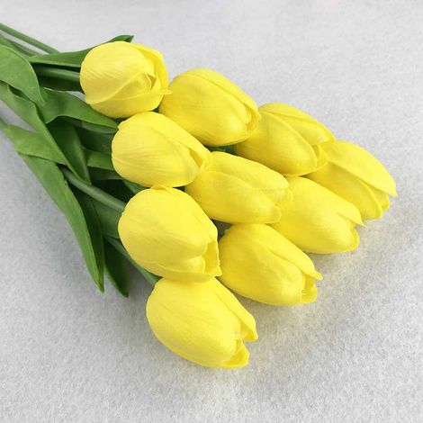 Tulipe Artificielle - Fleur en PU Réaliste - 12 Pièces - Jaune - Décoration Intérieure Bureau Mariage Fête Centre de Table - Lot Complet (1/5)