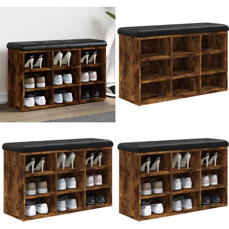 Banc à chaussures chêne fumé 82x32x50 cm bois d'ingénierie - Banc Chaussure - Banc Entrée - Meuble Rangement - Banc Coffre - Organisation Chaussures - Home & Living (1/5)
