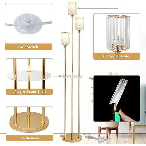 Modern Gold Floor Lamp with Shelf, 3 Bulbs Vintage Floor Lamp with Glass Shade and Foot Switch, Crystal for Bedroom, Office (1/5)