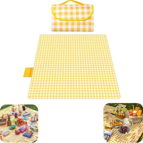 Tapis de pique-nique étanche 2 x 2 m - natte de plage pliable avec poignée pour camping et parc, jaune (1/5)