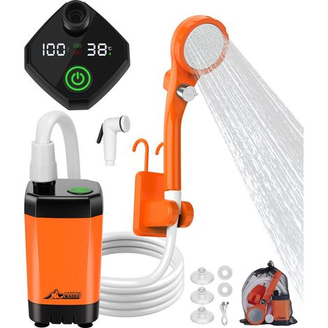 Camping-Duschset, wiederaufladbare elektrische Duschpumpe, Duschkopf mit intelligenter Temperaturanzeige und einstellbarem Wasserdruck
