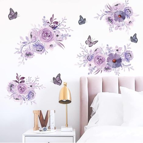 Stickers Muraux Fleurs Pivoines Autocollant Mural Fleurs Violette Papillon Deco Stickers Salle de Bain Chambre Enfants Bébé Décoration (1/3)