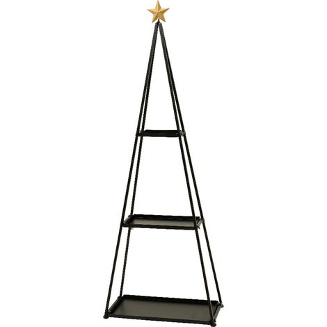 Libreria a forma di albero di natale in ferro con 3 ripiani colore nero con stella in cima, h 172 cm