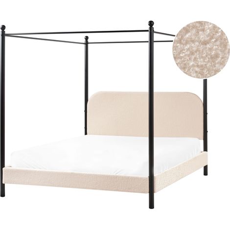 Lit à Baldaquin Minimaliste en Bouclé 160 x 200 cm Cadre Métallique Noir Lattes Bois de Peuplier Beige Dannemois