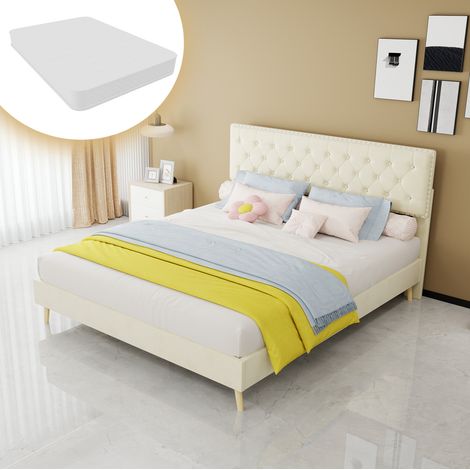 Lit rembourré moderne 160 x 200 cm beige avec tête de lit haute, matelas inclus (1/5)