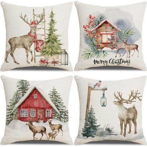 Housse de coussin - Noël - Lin - 45x45 cm - Décoration intérieure et extérieure - Blanc (1/4)