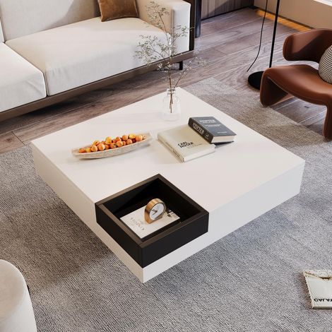 Mesa de centro cuadrada de diseño para salón —con compartimento extraíble e iluminación LED— 72 x 72 x 30 cm —Blanco brillante y negro (1/5)