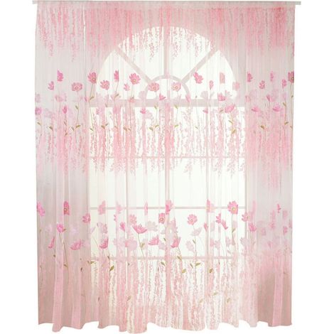 Rideau en Voile/Tulle à Motif Floral en Polyester - Décoration pour Chambre ou Salon (Rose)