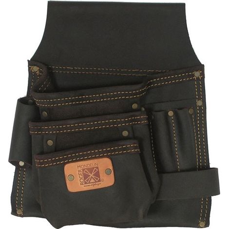Mondelin – Poche simple en cuir tanné – 6 poches pour outils – Rivetage très résistant – Porte marteau et support équerre (1/2)