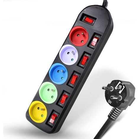 Multiprise FISHTEC Black - 5 Prises Couleurs - Câble 1,5m