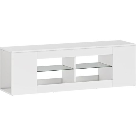 Mobile TV 140 cm bianco con 6 vani e 2 ripiani in vetro, truciolare, per TV fino a 65 pollici (1/5)