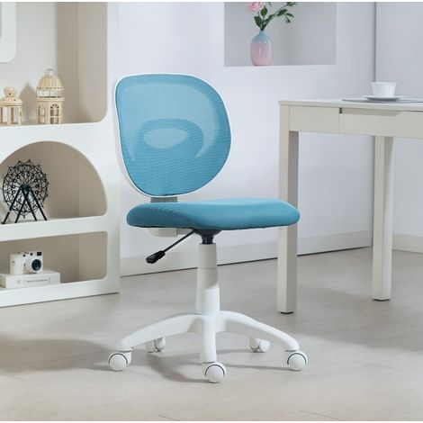 Silla de oficina de plastico azul con respaldo de malla, sin reposabrazos, altura regulable, 53 x 59,5 x 81-89 cm (1/5)