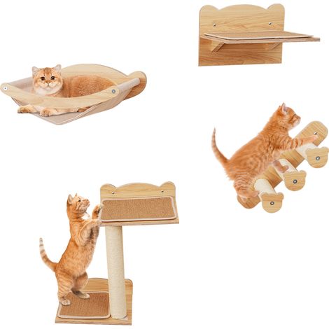 COSTWAY Cat Wall Shelves Wall Mounted 4pcs Cat Furniture Set w/Perch-Natural (1/5)