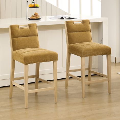 Wahson Lot de 2 Tabouret Bar Bois sans Accoudoirs, Chaise Haut Bar en Chenille, Tabourets de Comptoir pour Ilot Central, Cuisine, Salle à Manger, Jaune