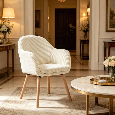 Silla de comedor con reposabrazos, tejido acanalado beige, estructura de madera y metal DESVIAE (1/4)