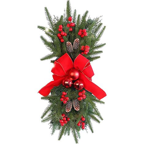 Guirlande de Noël artificielle en forme de larme, ornée d'un nœud rouge, de baies et de pommes de pin, idéale pour décorer un escalier et une maison lors de fêtes. (1/3)